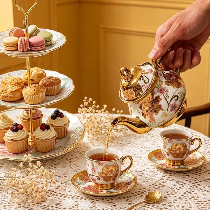 CHANJOON Gold Plated Red Rose Ceramic Tea Set, Vintage Tea Sets - Image 5