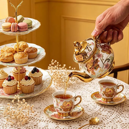 CHANJOON Gold Plated Red Rose Ceramic Tea Set, Vintage Tea Sets - Image 5