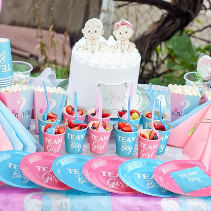 200 Pieces Party Supplies Tableware Set Patterns Printed Plates Napkins Cups Table Decorations for Baby Shower Birthday Party (Gender Reveal Style)