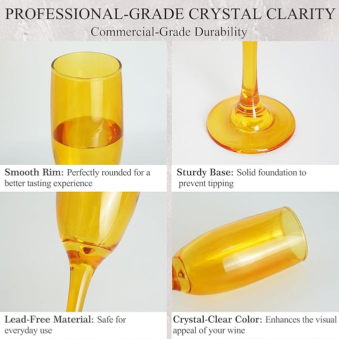Champagne Flutes Glasses Set of 6-6oz Elegant Amber Glass, Unique Amber Colored Long Stem Champagne Flute Gift for Wedding, Anniversaries, Parties, Birthday, Restaurant, Home Bar