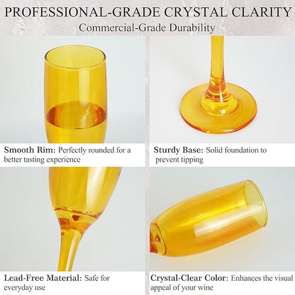 Champagne Flutes Glasses Set of 6-6oz Elegant Amber Glass, Unique Amber Colored Long Stem Champagne Flute Gift for Wedding, Anniversaries, Parties, Birthday, Restaurant, Home Bar