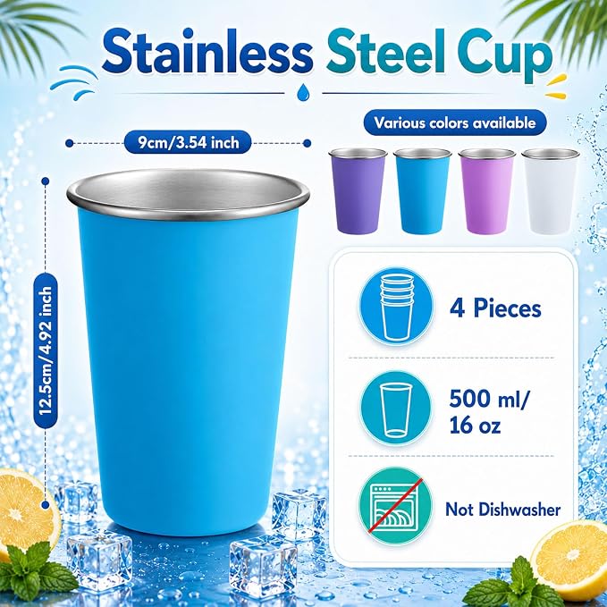 Mimorou 4 Pack 16 oz Stainless Steel Pint Cups Metal Cups Unbreakable Drinking - Image 2