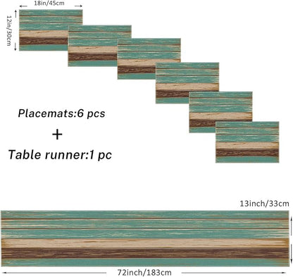 Table Runner and Placemats Set of 6, Farmhouse Teal | Blue Board Painting Art - Image 3