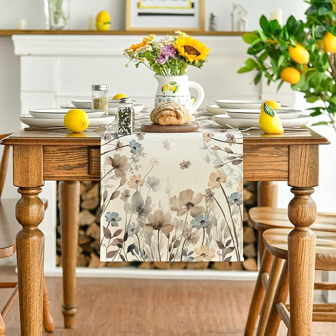 Artoid Mode Brown Poppy Flowers Floral Blossom Summer Table Runner, Spring Fall - Image 2