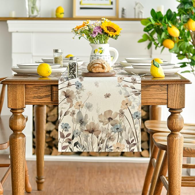 Artoid Mode Brown Poppy Flowers Floral Blossom Summer Table Runner, Spring Fall - Image 2