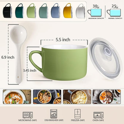Soup Bowls with Handles & Spoons, 30oz Ceramic Ramen Bowl with Lid, Large Soup - Image 2