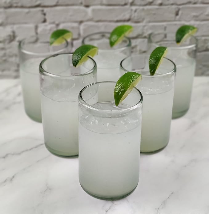 Dos Sueños Hand Blown Mexican Drinking Glasses – Set of 6 Natural Clear Glasses (14 oz each)