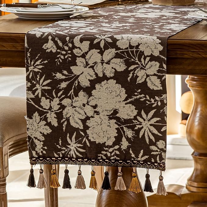 Botanical Floral Dining Table Runner Dark Brown 13 x 71 Inch | Jacquard Flower - Image 2