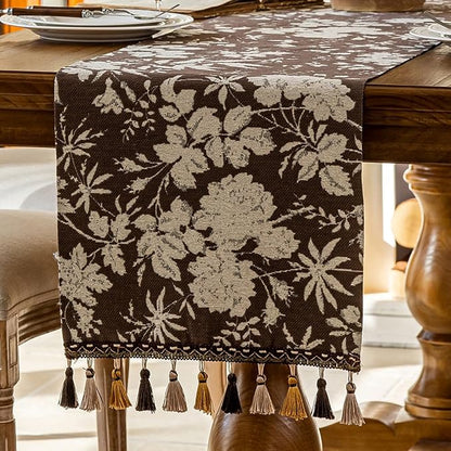 Botanical Floral Dining Table Runner Dark Brown 13 x 71 Inch | Jacquard Flower - Image 2