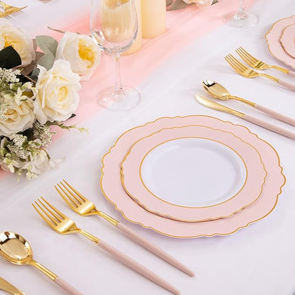 Rubtlamp 90Pcs Gold Plastic Silverware, Valentine's Day Utensils Set With Pink Handles Include 30 Gold Knives, 60Plastic Forks and Spoons, Pink Silverware Heavy Duty For Mother's Day