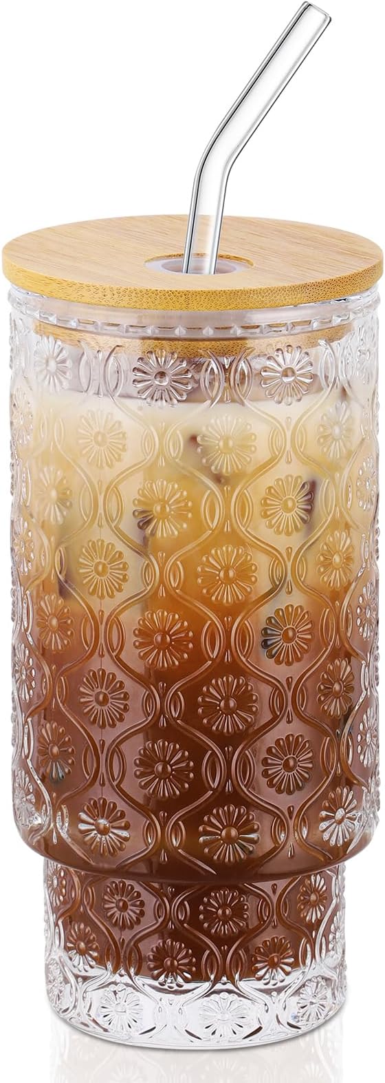 16 Oz Glass Cups with Lid and Straw, Vintage Embossed Floral Glass Tumbler by CWHHRN