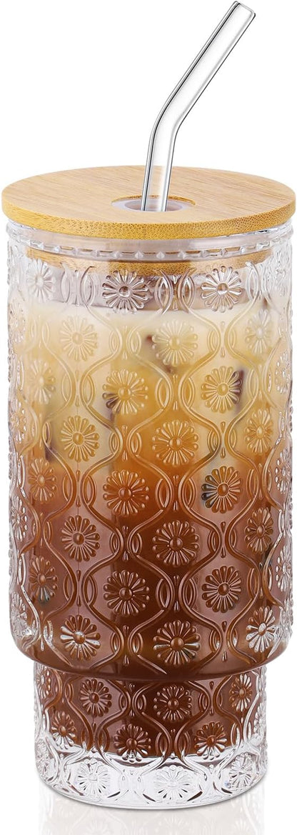 16 Oz Glass Cups with Lid and Straw, Vintage Embossed Floral Glass Tumbler by CWHHRN