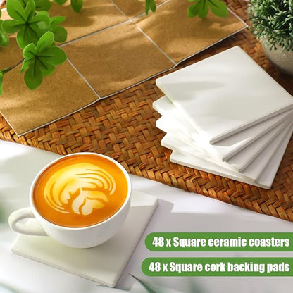 Zopeal 96 Pcs Ceramic Tiles for Crafts Coasters Include Unglazed White Ceramic Tiles with Cork Backing Pads Use with Alcohol Ink Acrylic Pouring for DIY Project Gift (Square)