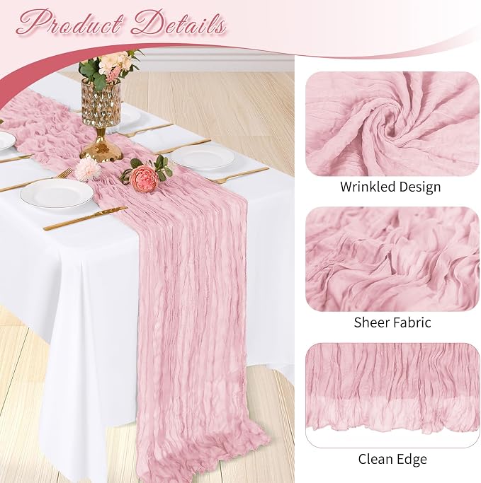 3 Pack Light Pink Cheesecloth Table Runner, 17 x 108 inch, Semi Sheer Boho - Image 4
