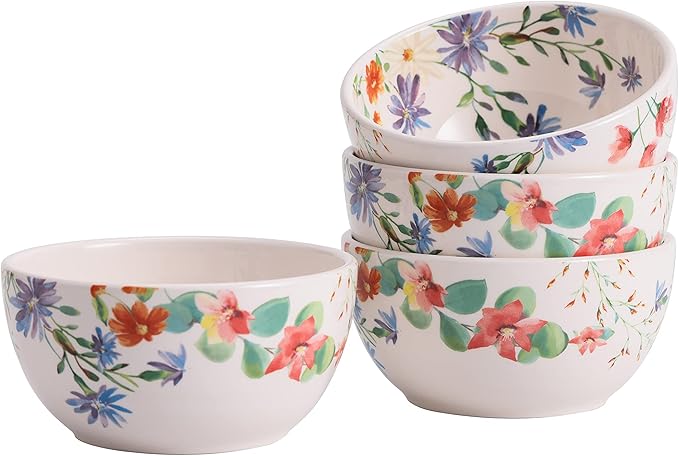 Bico Summer Provence Cereal Bowls Set of 4, 26 oz Deep Ceramic Soup Bowls by Bico