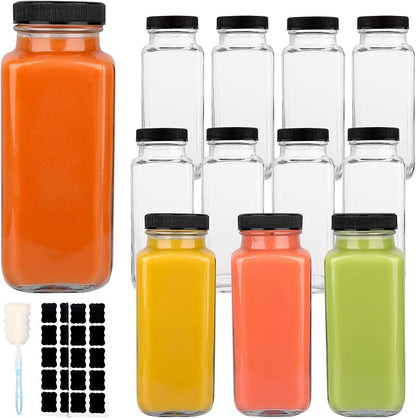 GUANENA 12 Pack Glass Drink Bottles, 8.5 OZ Vintage Square Water Bottles by GUANENA