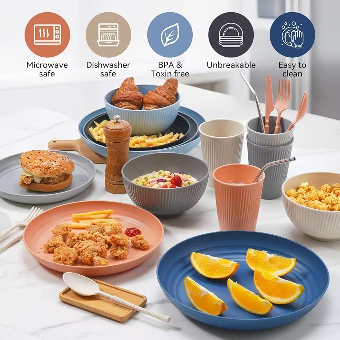 Wheat Straw Dinnerware Sets, 64-Piece Plates and Bowls Sets - Image 7