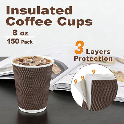 BYSNOW 150 Pack 8 oz Coffee Cups, Insulated Disposable Hot Paper Cups | - Image 2