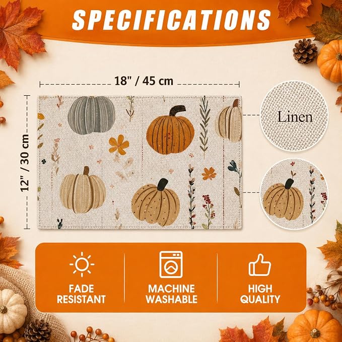 Fall Placemats Set of 4, Pumpkin Maple Leaf Autumn Table Mats 12x18 Inch | - Image 6