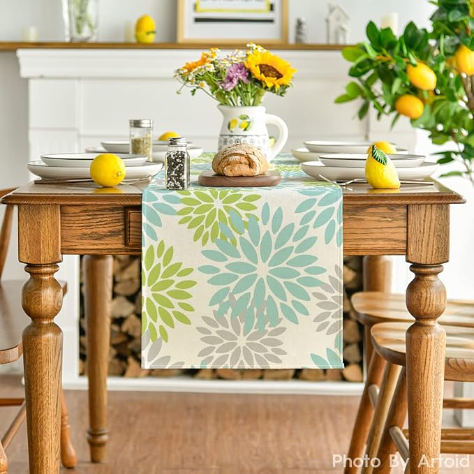 Artoid Mode Green Dahlia Floral Pinnata Summer Table Runner, Spring Kitchen - Image 2