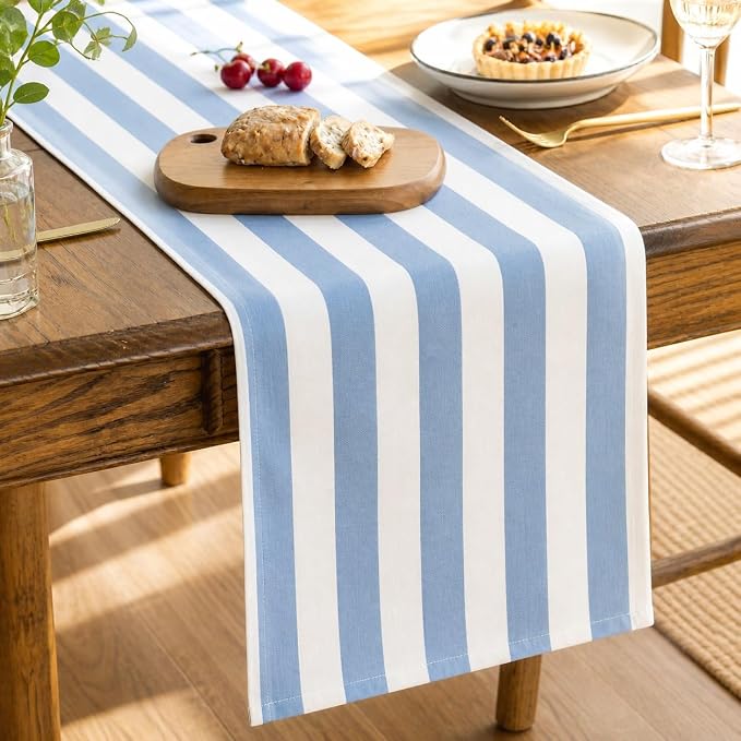 Folkulture Table Runner 90 Inches Long Blue & White Striped Cotton Coastal by FOLKULTURE