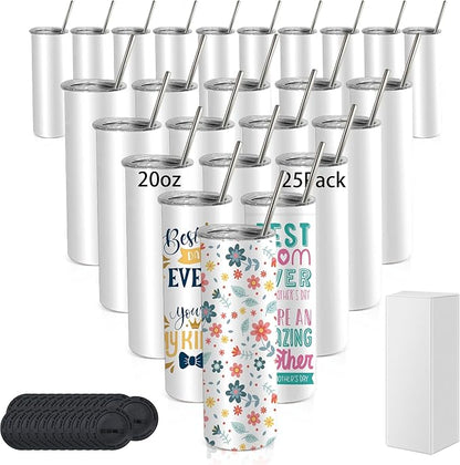 25 Pack Sublimation Tumblers Blank 20 oz Straight Skinny Tumbler with Stainless Steel Straws Rubber Bottom Individually Boxed Sublimation Cups Wholesale Blank White for DIY Craft