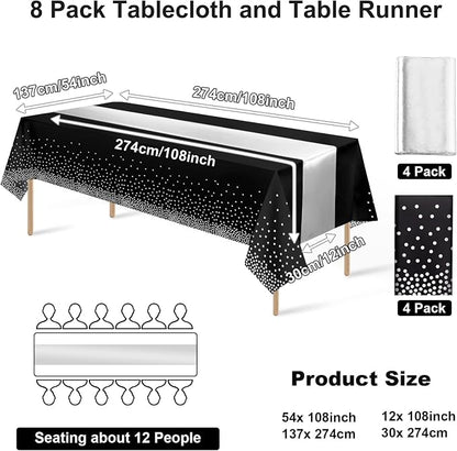 8Pack Disposable Plastic Tablecloths and Satin Table Runner Set Black and - Image 2