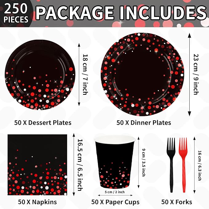 250 Pcs Black and Red Party Decorations, Serves 50 | Red Dot on Black Plates - Image 2