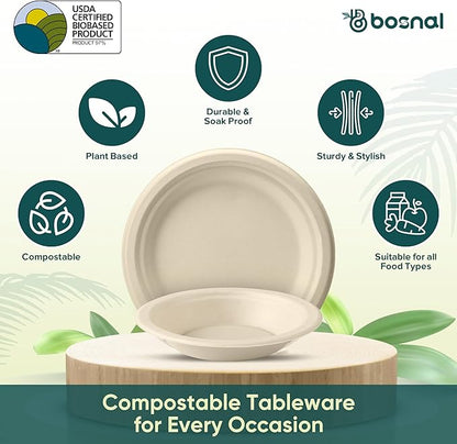 BOSNAL 10 Inch Round Plates with 16 oz Bowls – 25 Plates, 25 Bowls,100% Plant-Based Sugarcane Bagasse, Eco-Friendly Disposable Dinnerware for Hot & Cold Meals, Microwave Safe