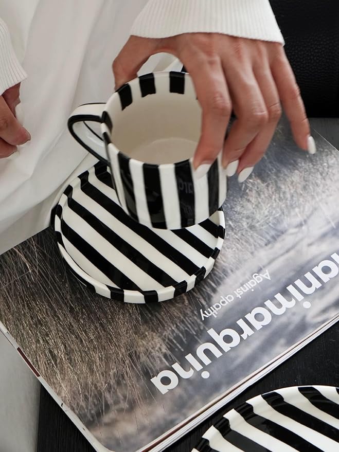Cup and Saucer Set Hand-Painted Black Stripes, 8 Oz Ceramic Coffee Mug - Image 6