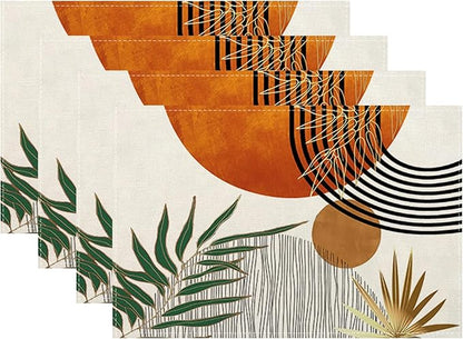 Mid Century Placemats 12x18 Inches Set of 4, Modern Boho Green Orange Tropical Leaf Decorative Rectangle Table Mats for Party, Home Kitchen,Dining Table Decoration