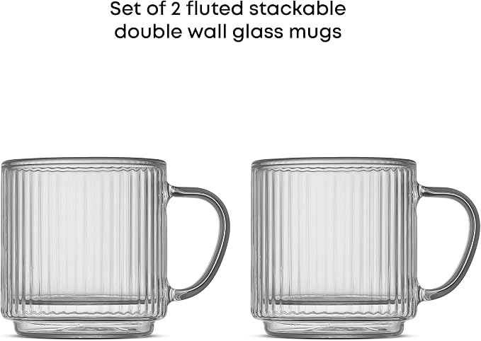 JoyJolt Haven Stackable Fluted Glass Mugs Set of 2, 5.5oz Ribbed Double Wall - Image 4