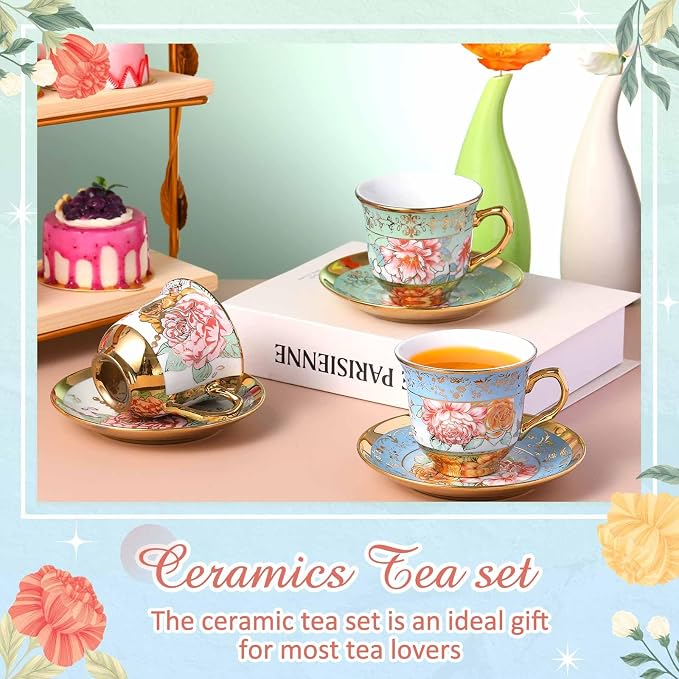Teenyyou Set of 18 Tea Cups and Saucers Tea Party Decorations Floral Porcelain - Image 5