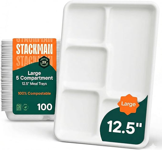 100% Compostable, Large 5 Compartment, Disposable Tray [100-Pack] - [12.5 Inch] Heavy Duty Biodegradable Bagasse Sectional Lunch Trays + Dividers - Divided Platter - (PFAS Free) (BPA Certified)