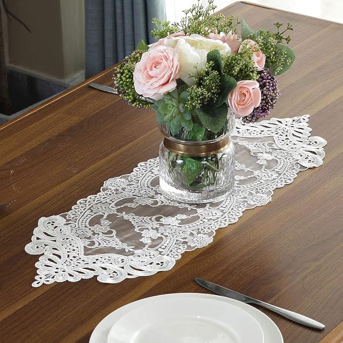 ARTABLE White Small Lace Table Runner Macrame Dresser Scarf 10 x 36 Inch | by ARTABLE