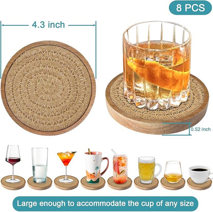 Wood Coasters for Drinks, Absorbent Coaster Sets of 8, Woven Drink Coasters for Coffee Table, Housewarming Gift for Farmhouse Home Decor,4.3 inches Brown