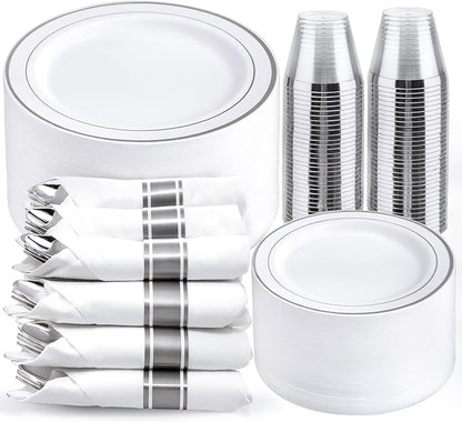 WELLIFE 350Pcs Silver Plastic Plates for 50 Guests - Disposable Dinnerware Set, Christmas Party Supplies Includes 100 Silver plates,150 Silverware,50 Napkins,50 Cups,Christmas Plates Disposable