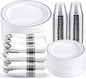 WELLIFE 350Pcs Silver Plastic Plates for 50 Guests - Disposable Dinnerware Set, Christmas Party Supplies Includes 100 Silver plates,150 Silverware,50 Napkins,50 Cups,Christmas Plates Disposable