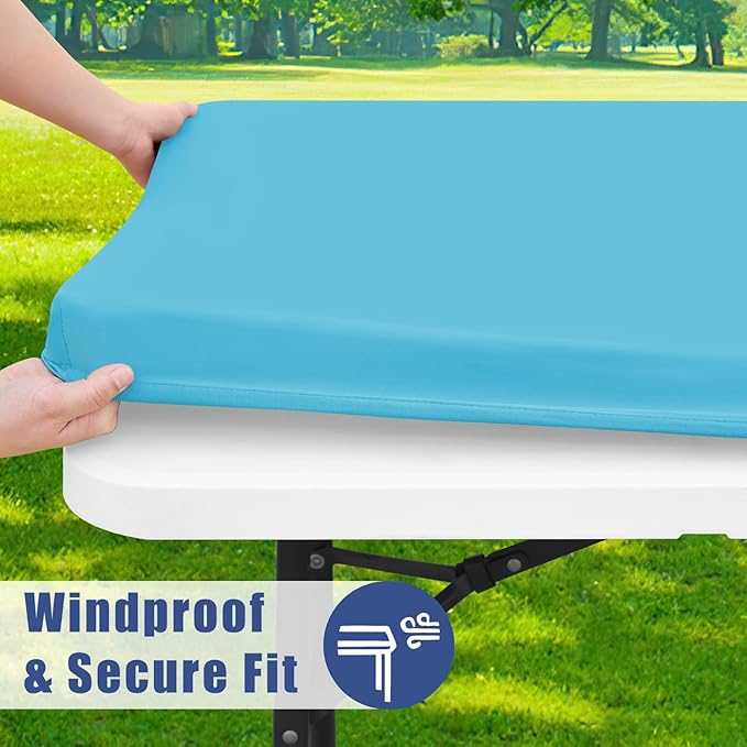 Spandex 8 Foot Rectangle Table Cloth 2 Pack, Elastic Fitted Tablecloths for Picnic, Stretch Washable Patio Table Cover for Outdoor, Camping, Banquet and Parties (Blue Mist, 30"x96")