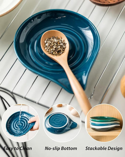 LAUCHUH Spoon Rest for Stove Top, Ceramic Spoon Holder for Kitchen Counter Large Spatula Holder for Spoons, Ladles, Tongs, Christmas Decor, Set of 2, 5 inch, Blue