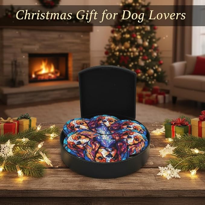 King Charles Cavalier Stained Dog Breed Glass Art Leather Drinks Coasters - Image 9