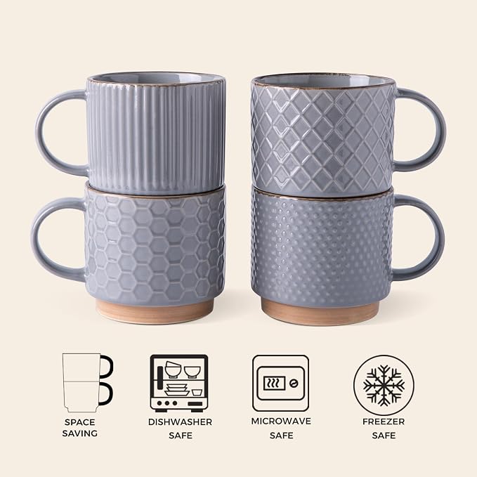 GBhome 12 OZ Stackable Coffee Mugs Set of 4, Ceramic Coffee Cups Set | 4 - Image 6