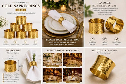 ITOS365 Gold Napkin Rings Set of 6, Handmade Hammered Metal Napkin Ring Holders - Image 3