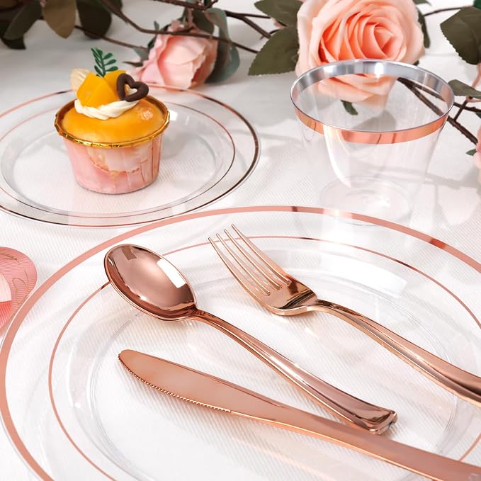bUCLA 600PCS Clear Rose Gold Plastic Dinnerware Set Disposable - Image 2