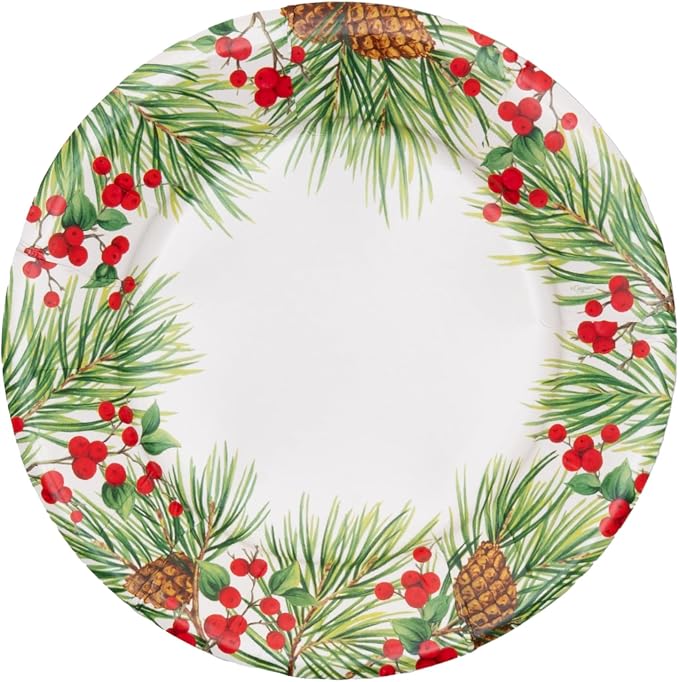Caspari Evergreen And Berries White Paper Salad & Dessert Plates - Image 2