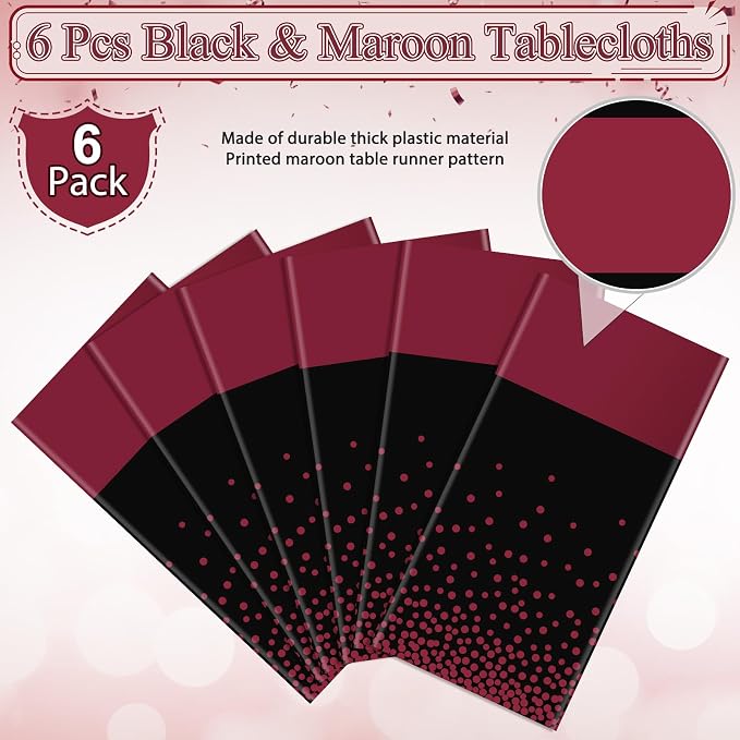 MASHAN 6Pcs Black Maroon Tablecloths, Rectangular Plastic Table Covers - Image 4
