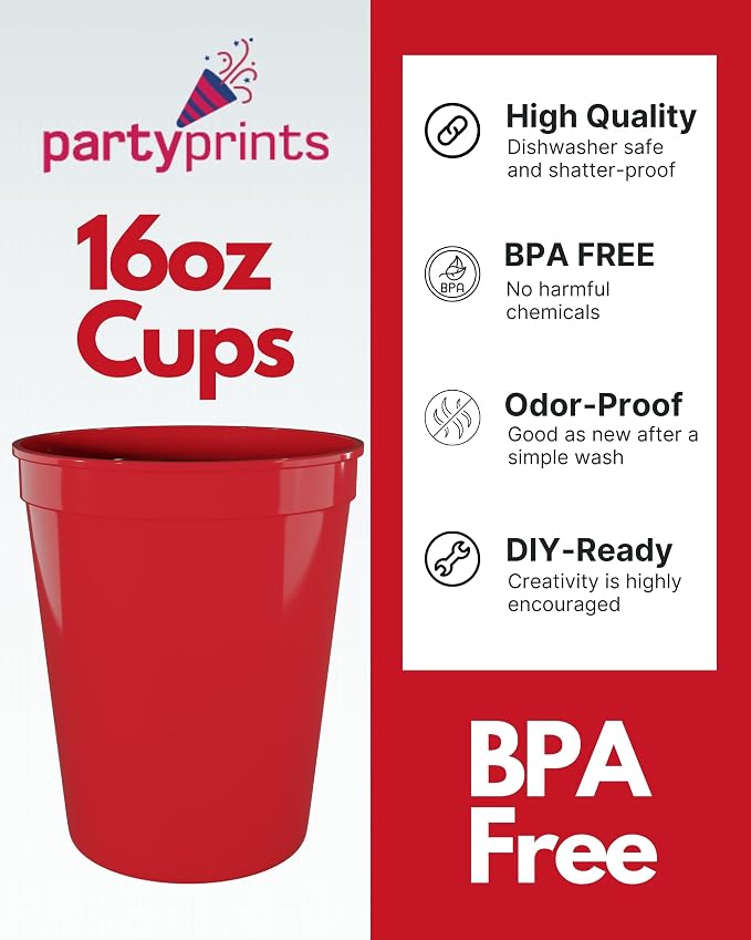 PartyPrints 100 Pack 16 oz Red Reusable Blank Plastic Cups, Stadium Cups Bulk – - Image 2