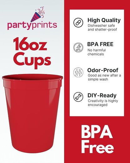PartyPrints 10 Pack 16 oz Red Reusable Blank Plastic Cups, Stadium Cups Bulk – - Image 2