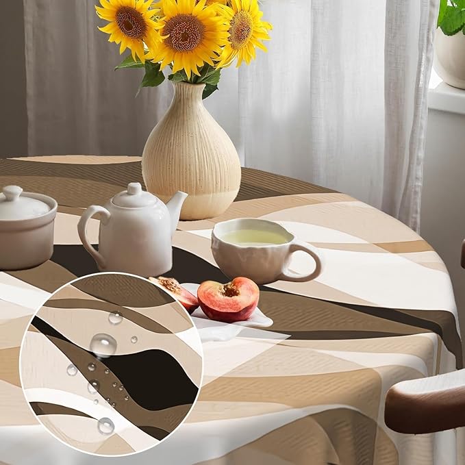 Laeacco 48 Inch Brown Modern Round Tablecloth Striped Geometric Abstract Art Print Table Cloth Washable Waterproof Wrinkle Free Table Cover for Kitchen Dining Picnic Party Decoration