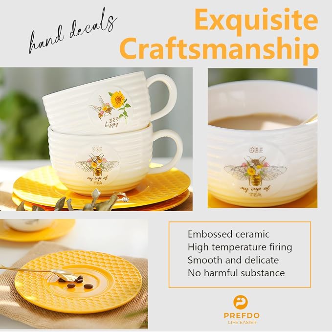Porcelain Tea Cups and Saucers Set of 2, Honey Bee Pattern Ceramic Tea Cup - Image 4